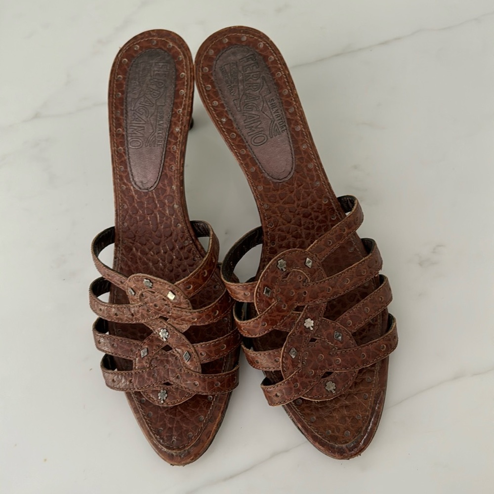 Vintage Salvatore Ferragamo 2” brown heels. Size 8.5. Great preowned condition.